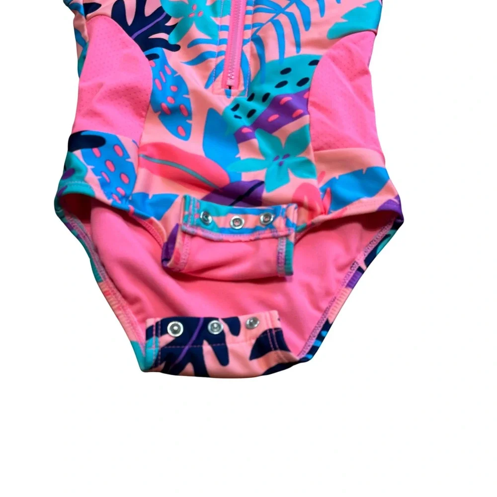 Toddler 2T Girl Bright Pink Tropical Leaf One Piece Swimsuit Snap Bottom